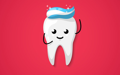 Tooth with toothpaste isolated on a red background. Clean shining happy and smiling. Cute cartoon character. Dental health. Simple cartoon design. Flat style vector illustration.