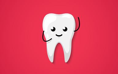 Tooth isolated on a red background. Clean happy and smiling. Cute cartoon character. Dental health. Waving his hand in greeting. Simple cartoon design. Flat style vector illustration.