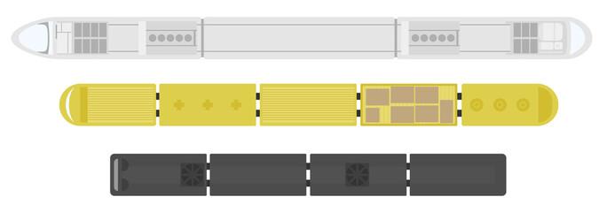 Railway station on a white background. Set of trains. View from above. Cartoon flat style vector illustration. © Ihor