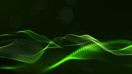 Abstract green color digital particles wave with dust and light background