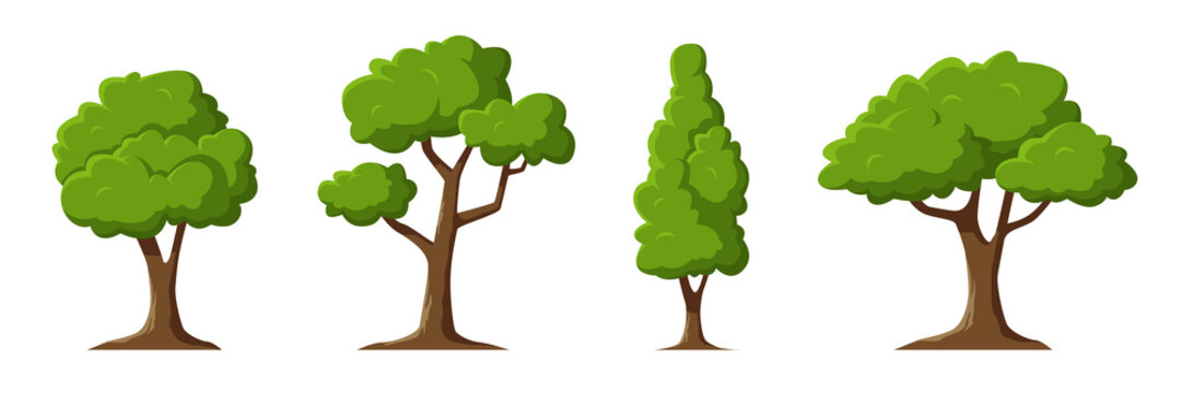 Cartoon trees set isolated on a white background. Simple modern style. Cute green plants, forest. Can be used to illustrate any nature or healthy lifestyle topic. Flat style vector illustration.