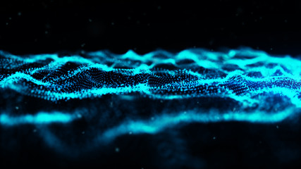Abstract blue color digital particles wave with dust and light background