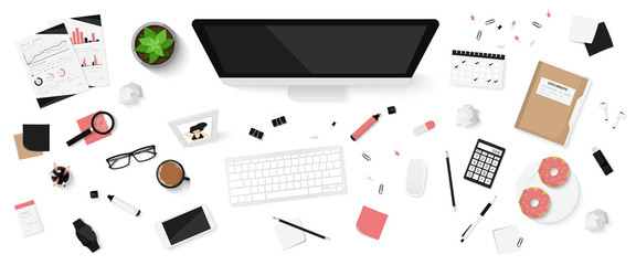 Office objects set isolated on white background. Working space. Top view of workplace desk. Realistic objects. View from above. Simple cute modern and stylish design. Flat style vector illustration.