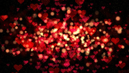 Valentines background, flying abstract hearts shape and particles