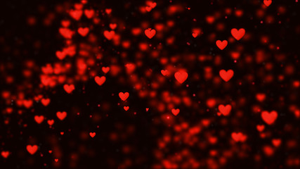 Valentines background, flying abstract hearts shape and particles