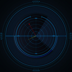 Digital blue radar with targets on monitor in searching. Futuristic interface hud design. Military search system. 3D rendering.