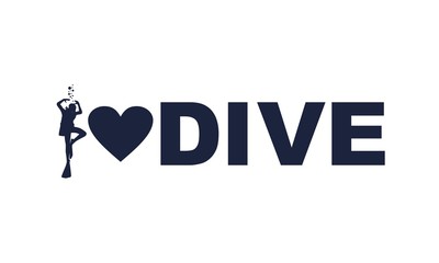 i love dive text with silhouette of diver and heart icon. The concept of sport diving.