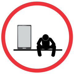 sad man and mobile phone sign, caution road symbol sign and traffic symbol design concept, vector illustration. 