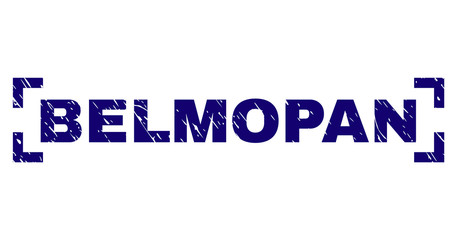 BELMOPAN text seal stamp with grunge texture. Text caption is placed inside corners. Blue vector rubber print of BELMOPAN with corroded texture.