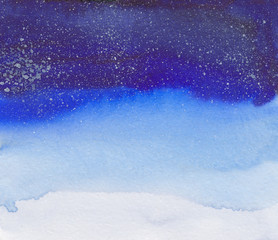 Watercolor background -  snow and night sky with star , sunset, northern lights , christmas design for postcard, paper print, banner water  colour hand draw illustration galaxy theme 