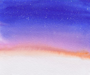 Watercolor background -  snow and night sky with star , sunset, northern lights , christmas design for postcard, paper print, banner water  colour hand draw illustration galaxy theme 