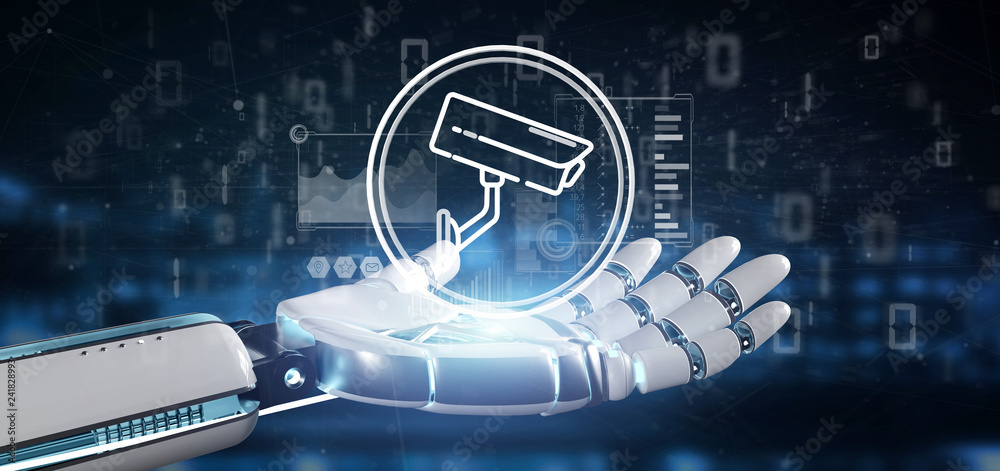 Poster cyborg holding security camera system icon and statistics data - 3d rendering