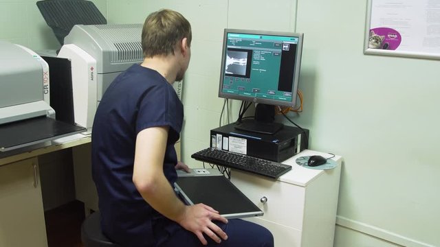 Veterinarian looks at the monitor X-ray image of the broken dog's paw with Ilizarov's apparatus. X-ray image of the dog on the monitor in a veterinary clinic.
