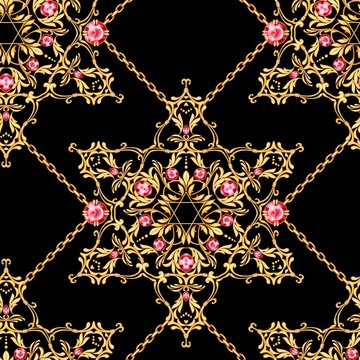 Jewelry background. Seamless pattern with crossed golden chains and David star with ruby