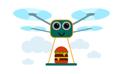 Drone Burger Delivery Concept Vector Illustration. Quadcopter transporting burger, food. Flat style design.