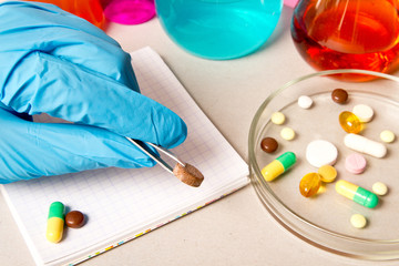 Chemical Laboratory and reagents .Herbal medicine. Illegal pills, drug production in laboratories.