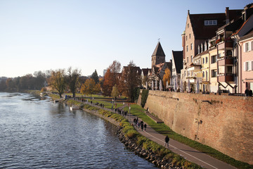 walking path way nearby the Danube river and state park of ancient Ulm old city wall, Germany, Baden-Württemberg, Travel destination advertisement backgrounds