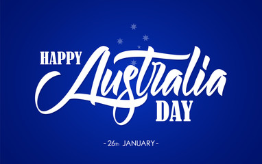 Vector illustration: Handwritten brush type lettering of Happy Australia Day on blue background