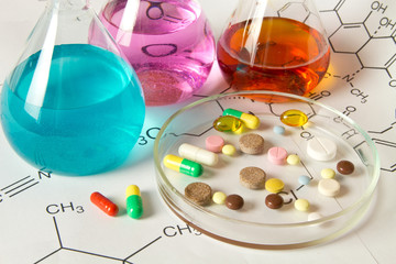 Chemical Laboratory and reagents .Herbal medicine. Illegal pills, drug production in laboratories.