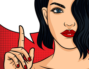 Color vector pop art comic style illustration. Girl with red lipstick on red dotted background. Beautiful young woman points finger up. Girl making hand gesture. Brunette girl with wavy hair