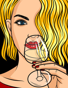 Color vector pop art comic style illustration. Blonde girl with red lipstick and wavy hair. Beautiful young woman is drinking an alcohol. Lady holding a glass of wine or champagne in her hand.