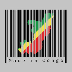 Barcode set the shape to Congo map outline and the color of Congo flag on black barcode with grey background.