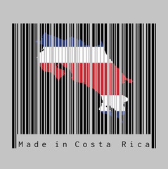 Barcode set the shape to Costa Rica map outline and the color of Costa Rica flag on black barcode with grey background.