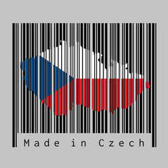 Barcode set the shape to Czech map outline and the color of Czech flag on black barcode with grey background.