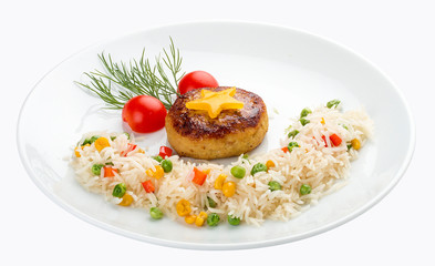 Children's menu. Fish cutlet with rice and vegetables. On white background