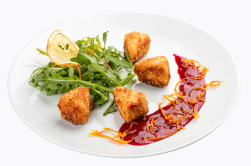 Camembert grill with arugula. On white background