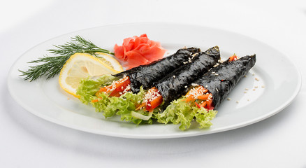Temaki with vegetables on white background. Rolls in nori with a filling