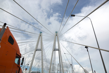 Fototapeta premium Pylons of the Greater Obukhovsky Bridge over the Neva River in St. Petersburg