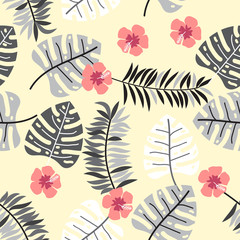 Floral paradise tropic seamless pattern with flowers and leaves