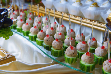 decoration of the festive buffet table, decorations and snacks, sweets and drinks