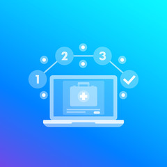 Telemedicine vector with first aid kit and laptop