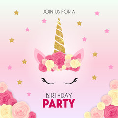 Fototapeta na wymiar Birthday party invitation with cute unicorn and flower. Vector Illustration