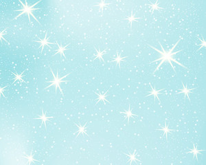 Falling snow. Blue sky with stars and clouds. Sparkle starry background. Vector illustration with snowflakes. Winter snowing sky. Eps 10.