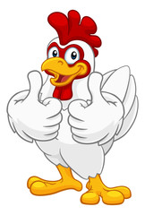 A chicken cartoon rooster cockerel character mascot giving a thumbs up.