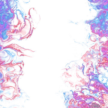 Very nice texture background. Blue paint flows in purple and pink on white background. The style includes marble swirls or agate ripples with bubbles and cages. © Nataliya Shaverneva