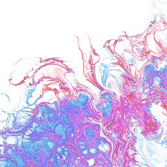 Very nice texture background. Blue paint flows in purple and pink on white background. The style includes marble swirls or agate ripples with bubbles and cages.