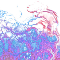 Very nice texture background. Blue paint flows in purple and pink on white background. The style includes marble swirls or agate ripples with bubbles and cages.