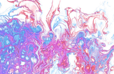 Very nice texture background. Blue paint flows in purple and pink on white background. The style includes marble swirls or agate ripples with bubbles and cages.