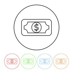 Money icon in a thin line style vector dollar bill cash symbol sign with four color variations vector illustration isolated on a white background