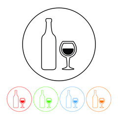 Wine symbol icon in a thin line style vector wine bottle and glass symbol sign with four color variations vector illustration isolated on a white background