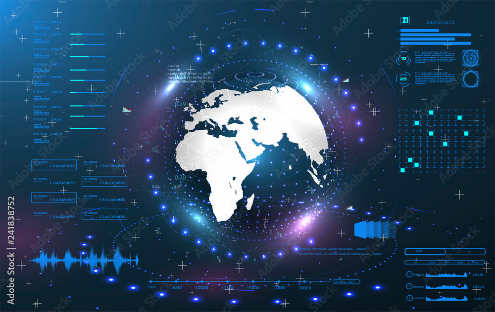 Poster ui interface, earth globe, control center, command, game, vector with graphs