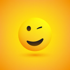 Smiling and Winking Emoji - Simple Shiny Happy Emoticon on Yellow Background - Vector Design 