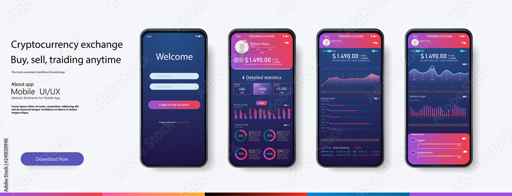 Poster Mobile app infographic template with modern design weekly and annual statistics graphs. Pie charts, workflow, web design, UI elements. Vector EPS 10