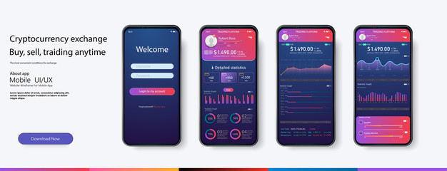 Mobile app infographic template with modern design weekly and annual statistics graphs. Pie charts, workflow, web design, UI elements. Vector EPS 10 - obrazy, fototapety, plakaty