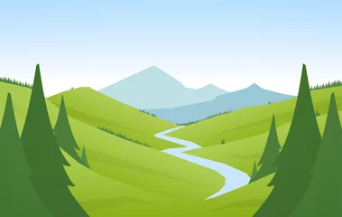 Keuken spatwand met foto Vector illustratie: Cartoon platte zomer bergen landschap met groene heuvels, dennenbos en rivier © deniskrivoy