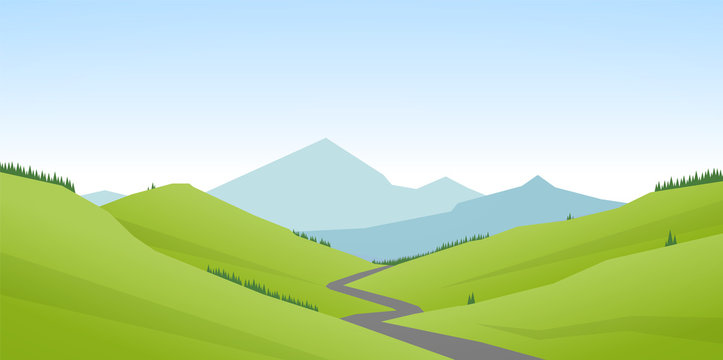 Vector illustration: Cartoon flat summer mountains landscape with green hills and road.